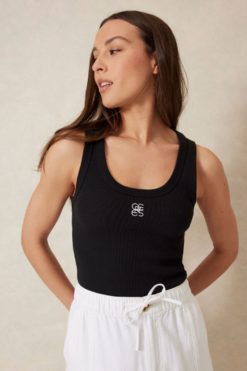 Ceres Life - Contour Rib Scoop Tank - Black/ White Monogram Embroidery