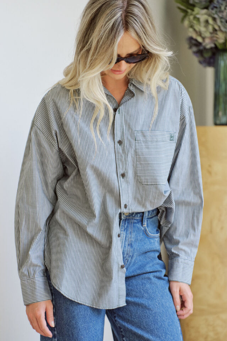 Ceres Life - Peta Oversized Shirt - Green White Narrow Stripe