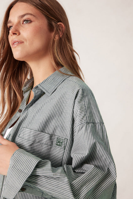 Ceres Life - Peta Oversized Shirt - Green White Narrow Stripe