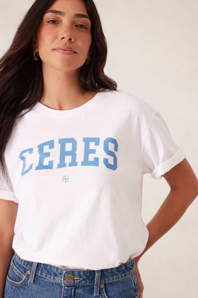 Ceres Life - Slouchy Split Hem Tee - White/Ceres Varisty Pool Blue