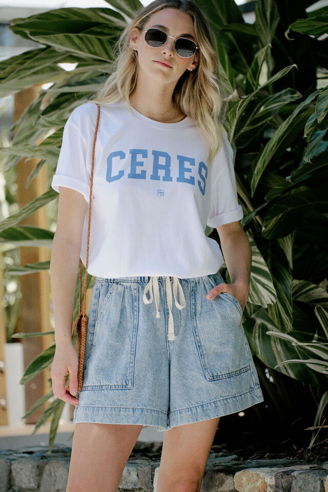 Ceres Life - Slouchy Split Hem Tee - White/Ceres Varisty Pool Blue