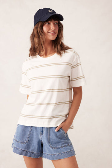 Ceres Life - Slouchy Split Hem Tee - Vanilla/Matcha Double Stripe