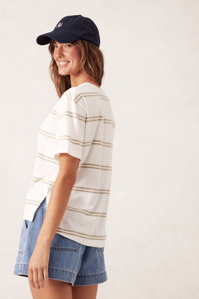 Ceres Life - Slouchy Split Hem Tee - Vanilla/Matcha Double Stripe