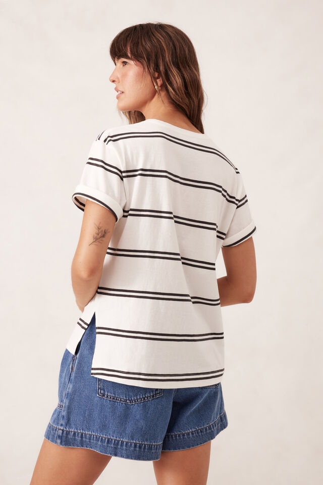 Ceres Life - Slouchy Split Hem Tee - Vanilla/Phantom Double Stripe