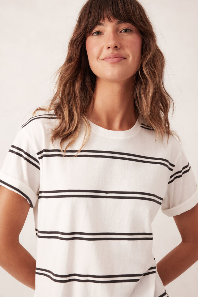 Ceres Life - Slouchy Split Hem Tee - Vanilla/Phantom Double Stripe