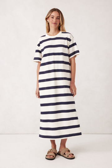 Ceres Life - Midi Terry Dress - White Navy Bold Stripe