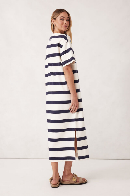 Ceres Life - Midi Terry Dress - White Navy Bold Stripe