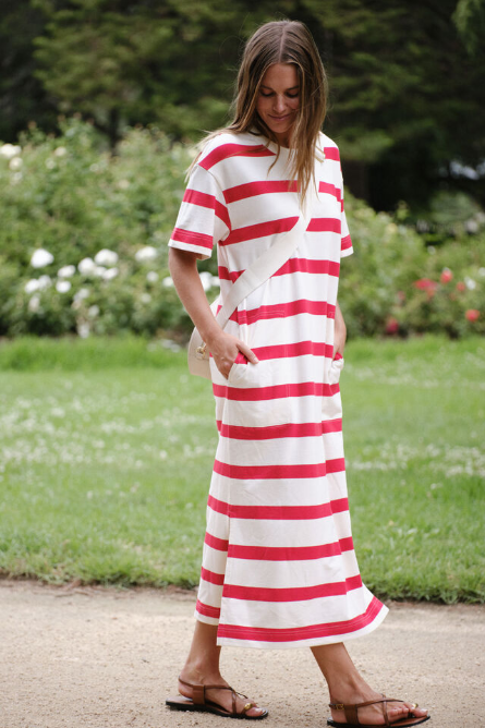 Ceres Life - Midi Terry Dress - White Red Bold Stripe