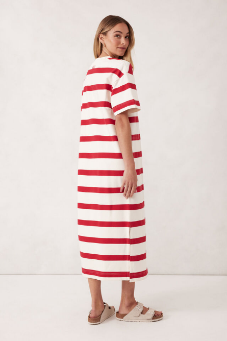 Ceres Life - Midi Terry Dress - White Red Bold Stripe