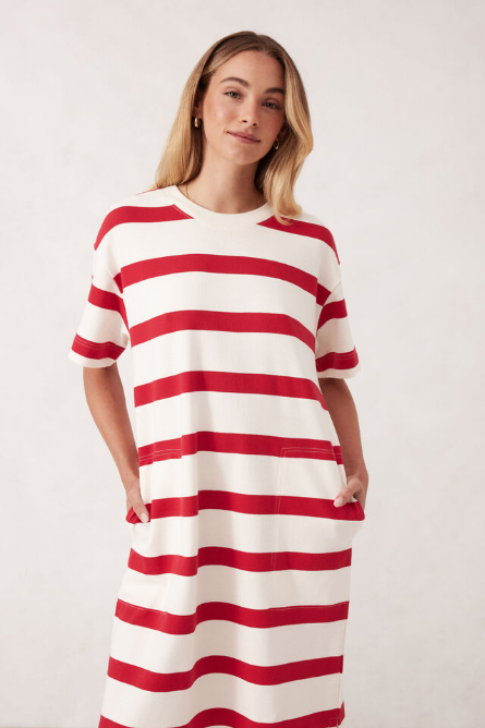 Ceres Life - Midi Terry Dress - White Red Bold Stripe