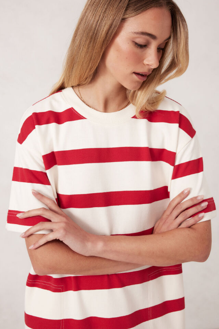 Ceres Life - Midi Terry Dress - White Red Bold Stripe