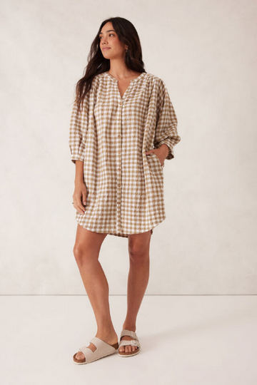 Ceres Life - Crinkle Mini Dress - Fig Green White Gingham