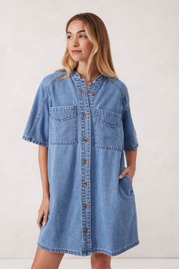 Ceres Life - Collarless Relaxed Short Sleeve Denim Dress - Vintage Blue