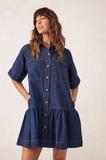 Ceres Life - Short Sleeve Tiered Pocket Shirt Dress - Midnight