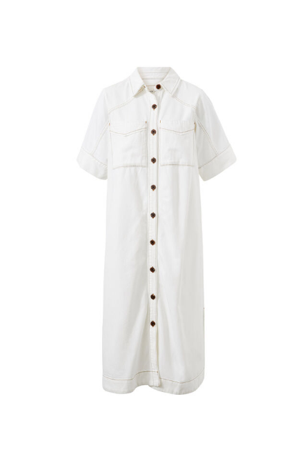 Ceres Life - Short Sleeve Yoke Detail Midi Dress - Fresh Ecru Twill