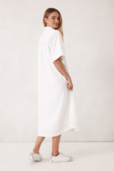 Ceres Life - Short Sleeve Yoke Detail Midi Dress - Fresh Ecru Twill