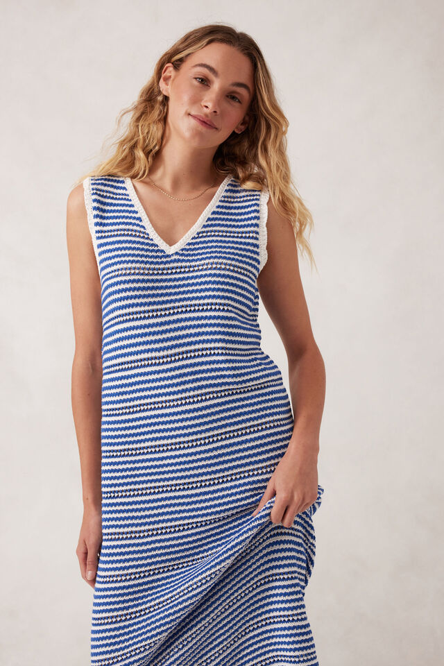 Ceres Life - Textured Knit Midi Tank Dress - Summer Blue Stripe