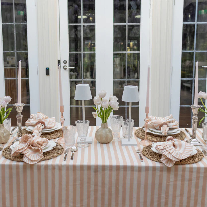 Luxe & Beau - BLUSH STRIPE RUFFLE LINEN TABLE CLOTH