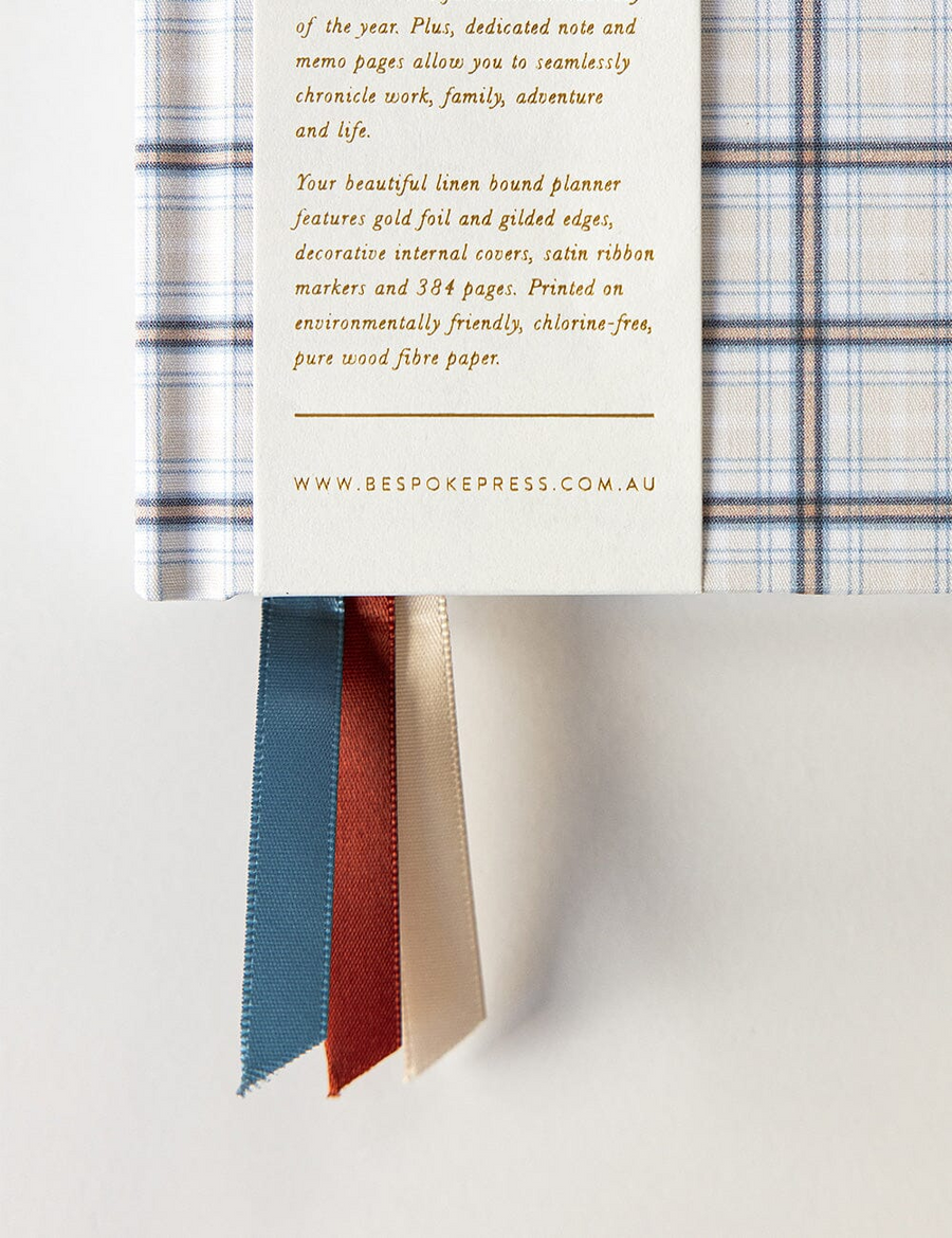 Bespoke Letterpress - 2025 Day to a Page Linen Bound Planner - Blue Plaid