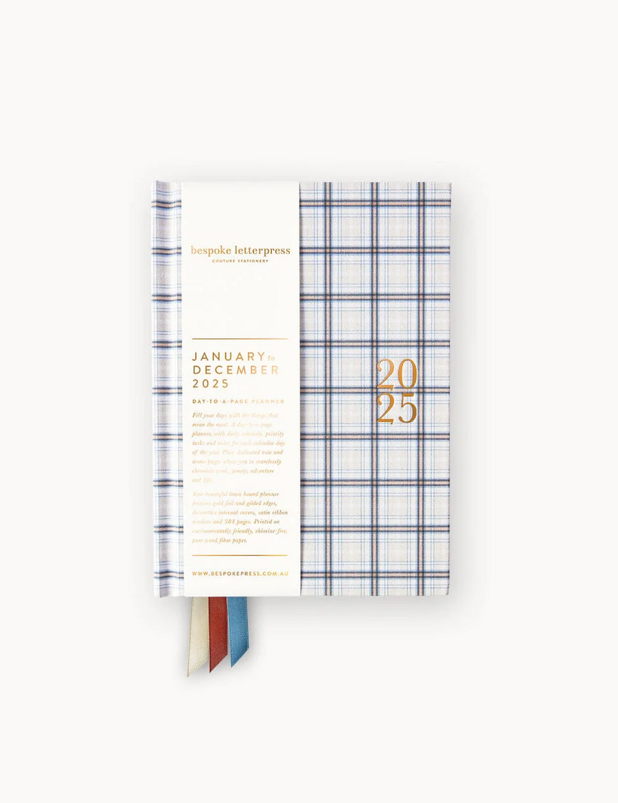 Bespoke Letterpress - 2025 Day to a Page Linen Bound Planner - Blue Plaid